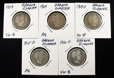(5) BARBER QUARTERS. WEEKLY COIN & CURRENCY AUCTIONS ESTIMATE $100 - $150.