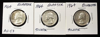 (2)1964, (1)1964-D 90% SILVER WASHINGTON QUARTERS. WEEKLY COIN & CURRENCY AUCTIONS ESTIMATE $60 