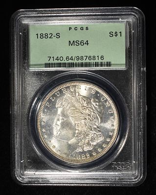1882-S MORGAN DOLLAR PCGS MS64. GREEN HOLDER BID WITH SILVER CITY AUCTIONS ESTIMATE $180 - $230.