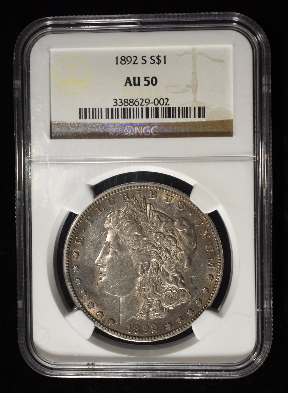 1892-S MORGAN DOLLAR NGC AU-50. TOP RATED AUCTION HOUSE ESTIMATE $2500 - $3000.