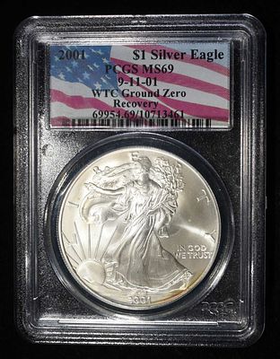 2001 SILVER EAGLE PCGS MS-69 GROUND ZERO RECOVERY. WEEKLY COIN & CURRENCY AUCTIONS ESTIMATE $200 