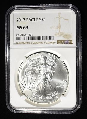 2017 AMERICAN SILVER EAGLE NGC MS69. BID WITH SILVER CITY AUCTIONS ESTIMATE $120 - $170.