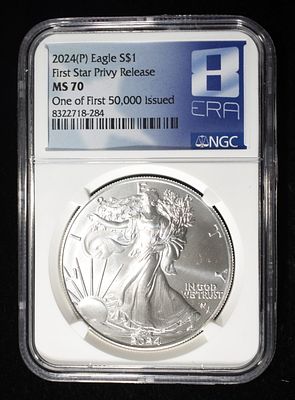 2024(P) AMERICAN SILVER EAGLE NGC MS70. FIRST STAR PRIVY RELEASE ESTIMATE $350 - $400.