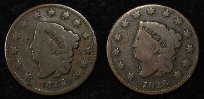 1826 & 1827 CORONET HEAD LARGE CENTS. LEADERS IN ON-LINE AUCTIONS ESTIMATE $120 - $160.