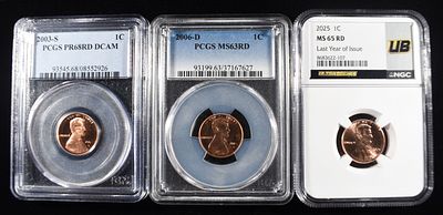 (3) GRADED LINCOLN CENTS. 2003-S MEMORIAL CENT PCGS PR68RD DCAM, 2006-D MEMORIAL CENT PCGS 