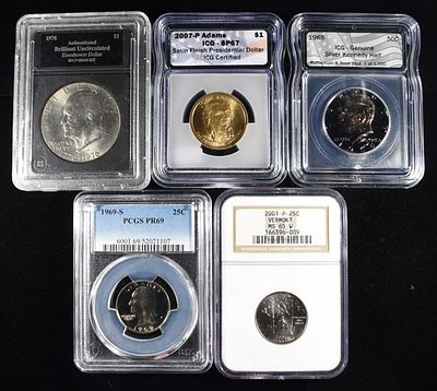GRADED COIN COLLECTORS LOT. 2001-P VERMONT QUARTER NGC MS65, 1969-S WASHINGTON QUARTER PCGS PR69 