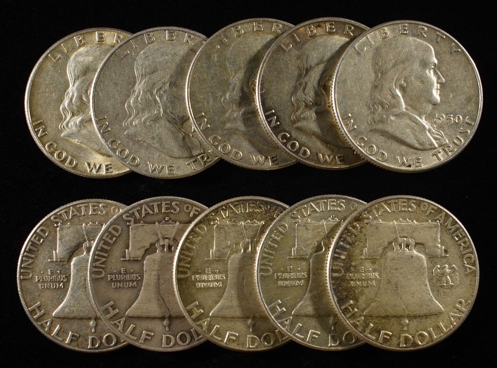 (10) 90% SILVER FRANKLIN HALF DOLLARS. TOP RATED AUCTION HOUSE ESTIMATE $420 - $470.
