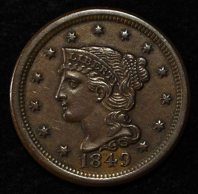 1849 BRAIDED LARGE CENT CH AU/UNC. BID WITH SILVER CITY AUCTIONS ESTIMATE $330 - $380.