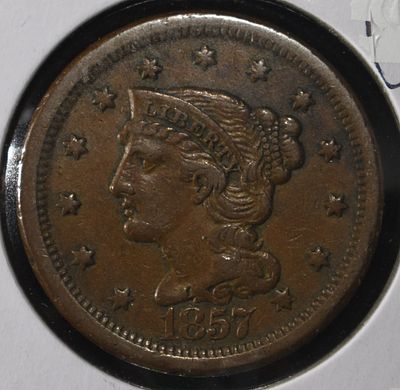 1857 LARGE DATE BRAIDED HAIR LARGE CENT XF. LEADERS IN ON-LINE AUCTIONS ESTIMATE $250 - $300.