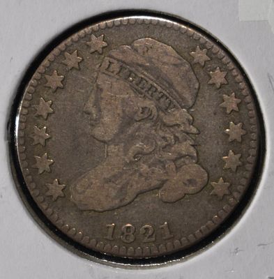 1821 CAPPED BUST DIME SM DATE VF. BID WITH SILVER CITY AUCTIONS ESTIMATE $300 - $350.
