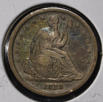 1838 LIBERTY SEATED DIME SM STARS VF/XF. WEEKLY COIN & CURRENCY AUCTIONS ESTIMATE $430 - $480.