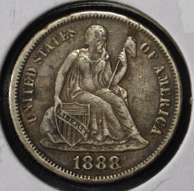 1888 LIBERTY SEATED DIME XF/AU. BID WITH SILVER CITY AUCTIONS ESTIMATE $60 - $80.