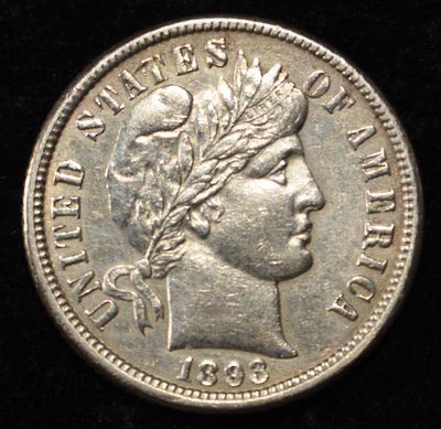 1893-O BARBER DIME NICE UNC LIGHT OLD CLEANING. LEADERS IN ON-LINE AUCTIONS ESTIMATE $380 - $430.