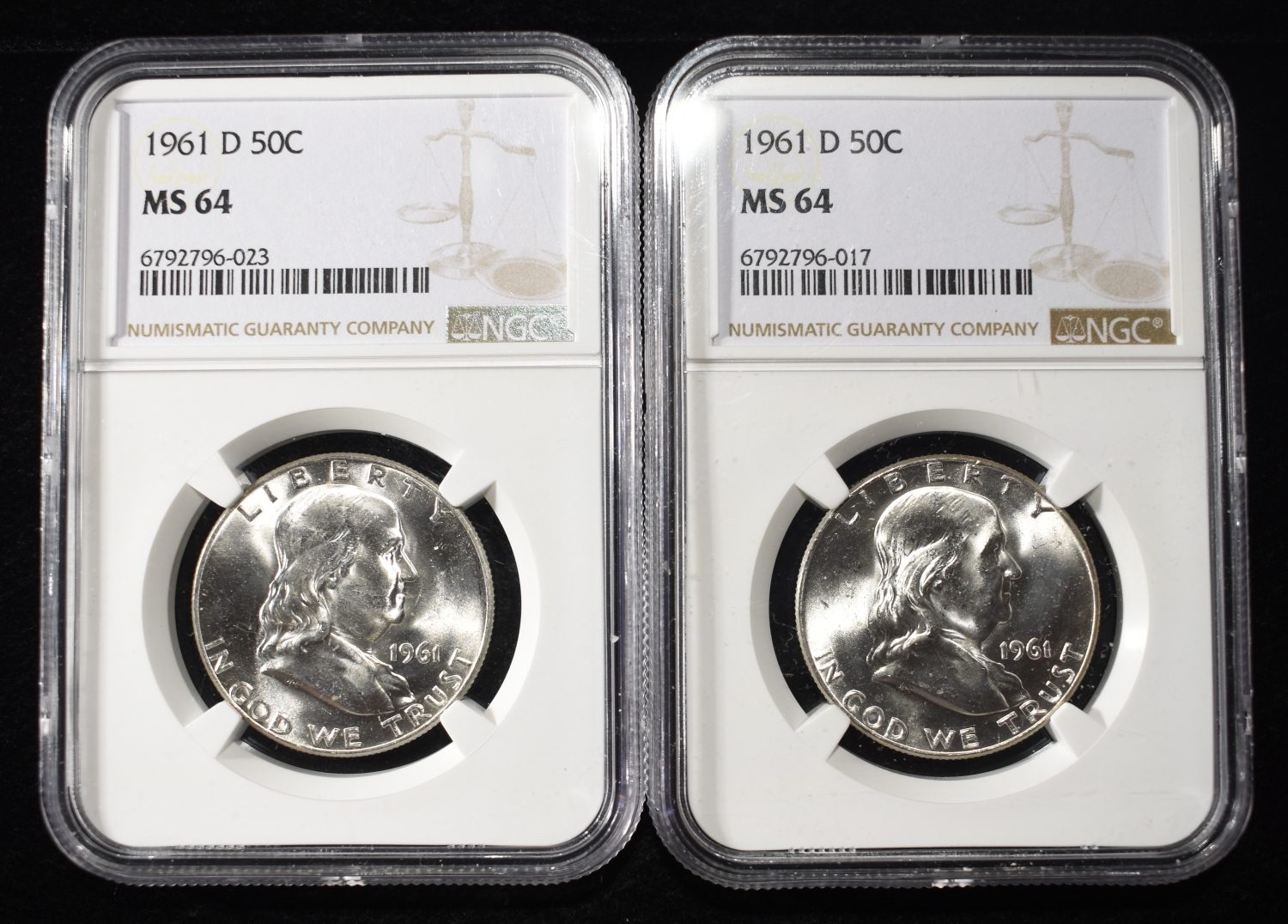 (2) 1961-D FRANKLIN HALF DOLLAR NGC MS64
