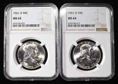 (2) 1961-D FRANKLIN HALF DOLLAR NGC MS64. CHECK OUT OUR UPCOMING AUCTIONS ESTIMATE $80 - $120.
