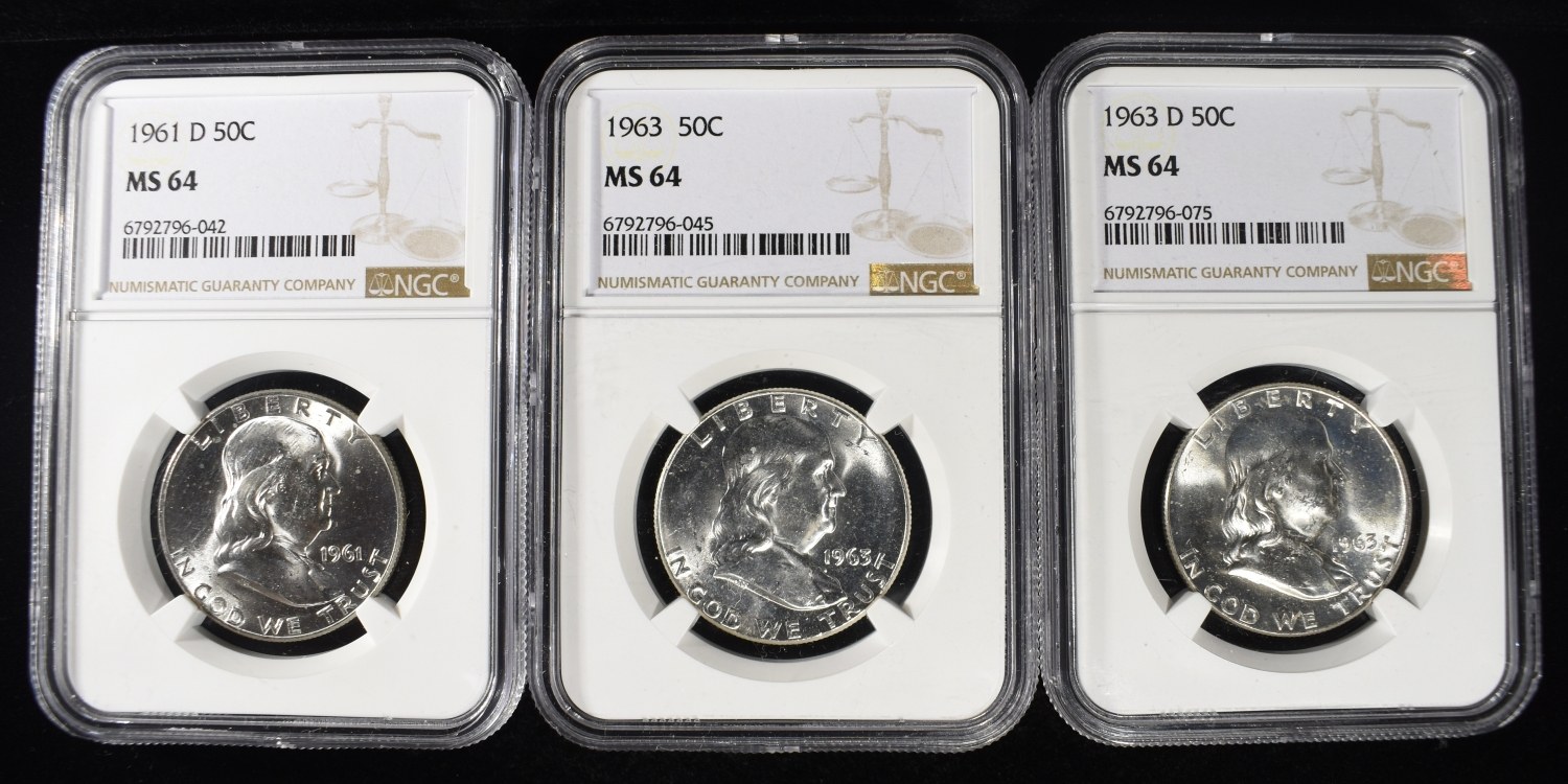 1961-D & 1963-P&D FRANKLIN 50C NGC MS64