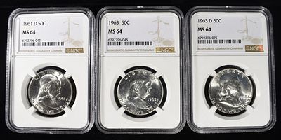 1961-D & 1963-P&D FRANKLIN 50C NGC MS64. CHECK OUT OUR UPCOMING AUCTIONS ESTIMATE $120 - $170.
