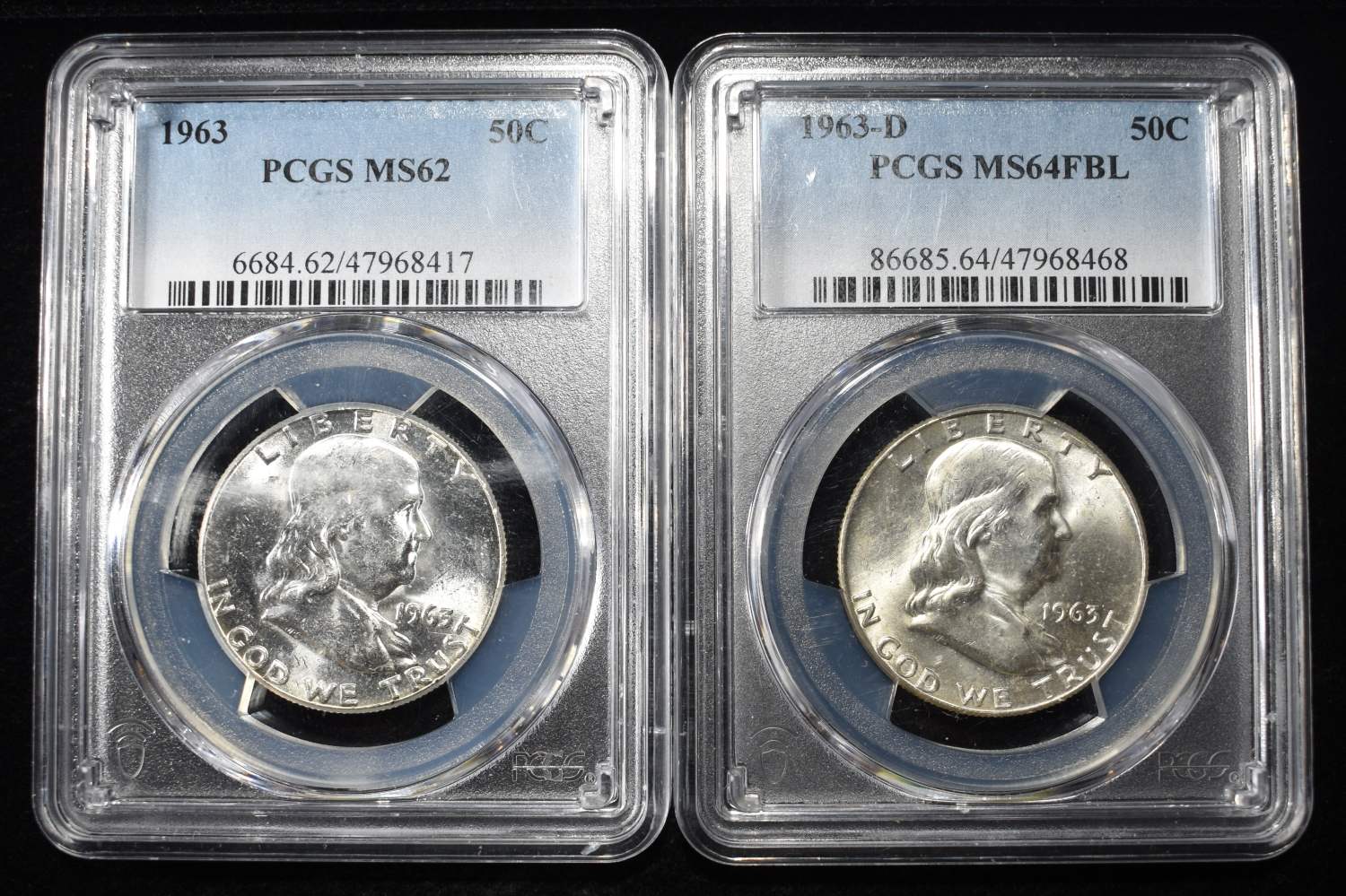 1963 & 1963-D FBL FRANKLIN 50C PCGS MS62 & MS64