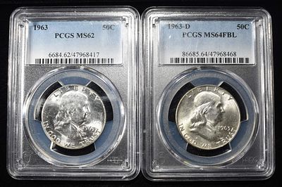 1963 & 1963-D FBL FRANKLIN 50C PCGS MS62 & MS64. CHECK OUT OUR UPCOMING AUCTIONS ESTIMATE $100 - 