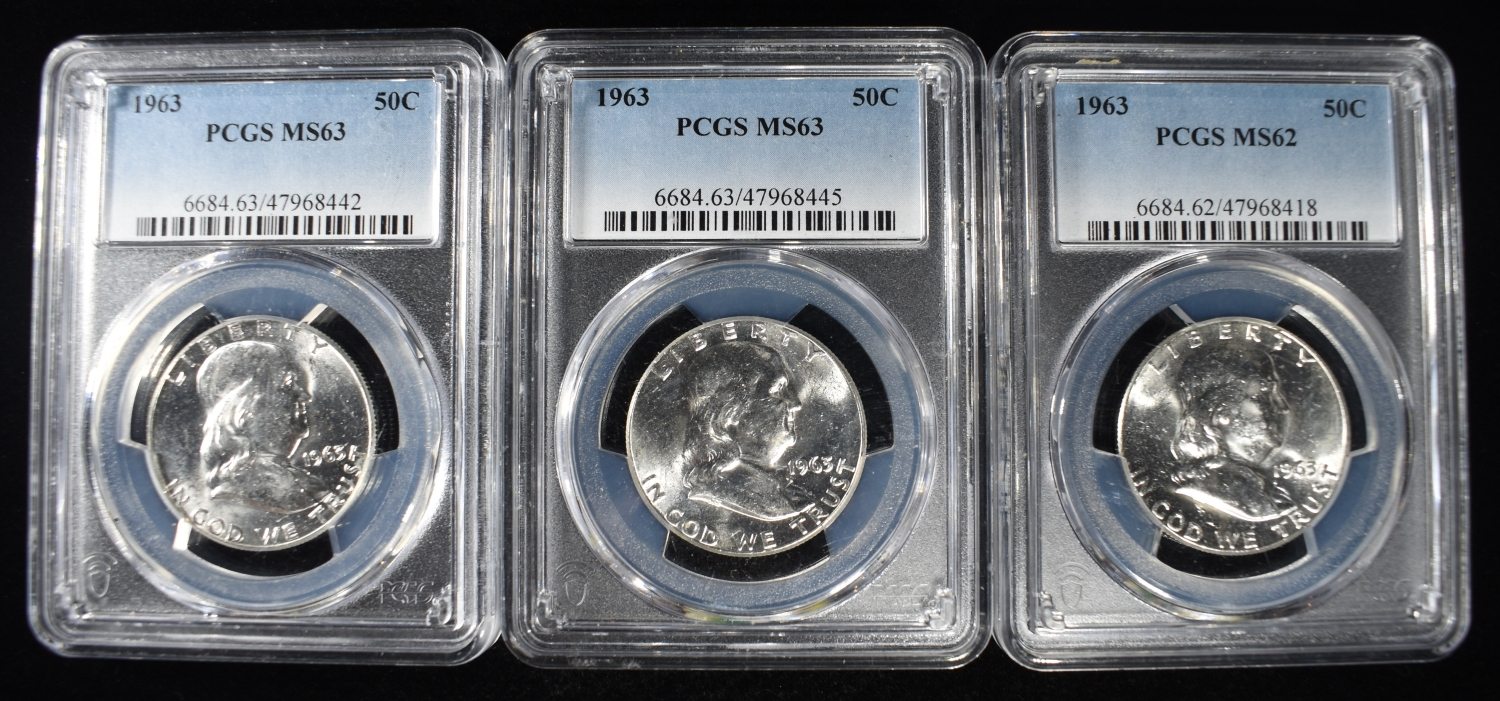 (3) 1963 FRANKLIN 50C PCGS MS62-MS63