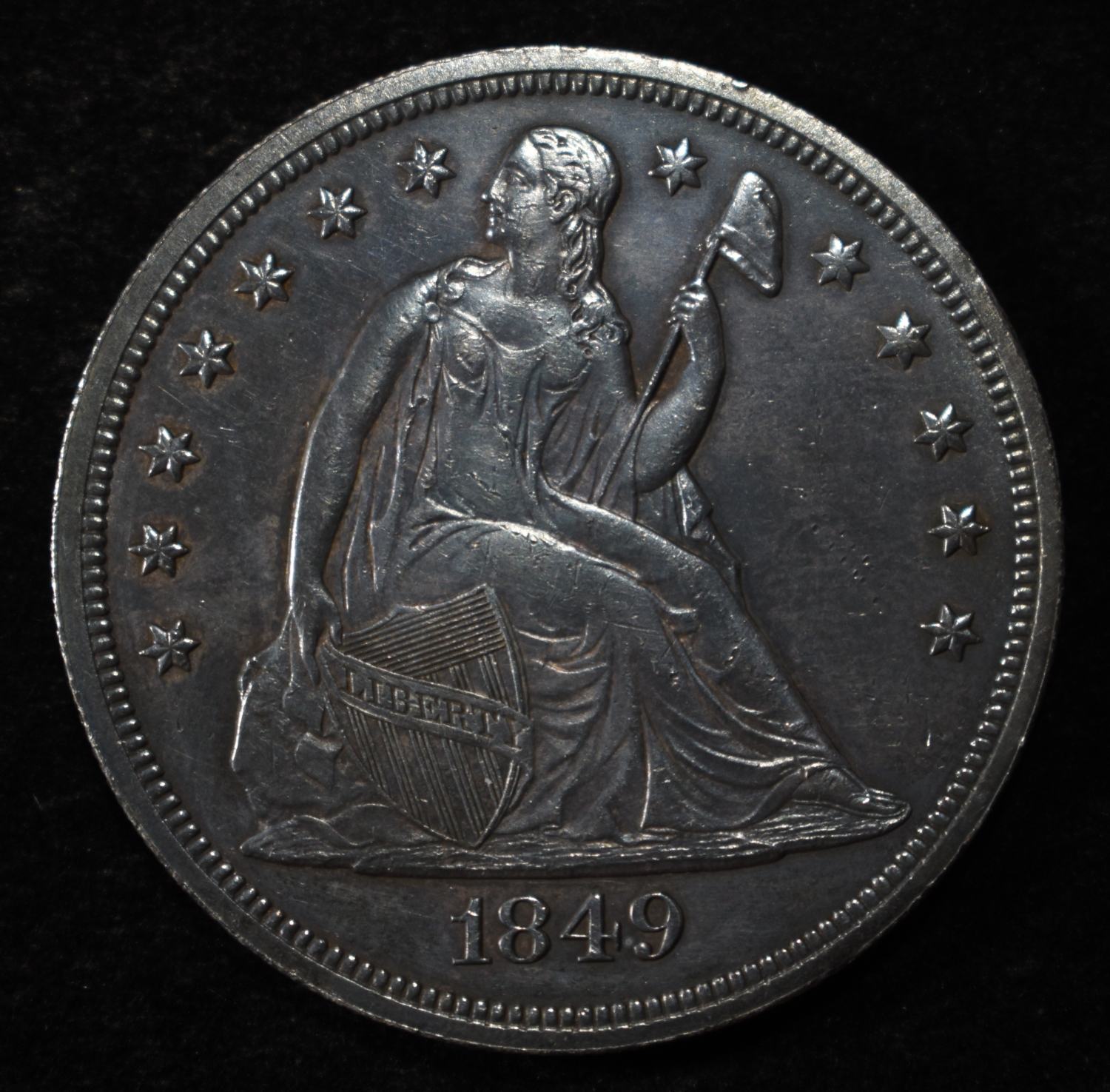 1849 SEATED DOLLAR NICE ORIG UNC PL SURFACES