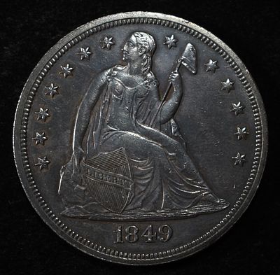 1849 SEATED DOLLAR NICE ORIG UNC PL SURFACES. WEEKLY COIN & CURRENCY AUCTIONS ESTIMATE $2900 - $3400.