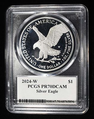 2024-W AMERICAN SILVER EAGLE PCGS PR70 DCAM. WEEKLY COIN & CURRENCY AUCTIONS ESTIMATE $240 - $290.