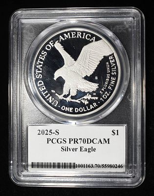 2025-S AMERICAN SILVER EAGLE PCGS PR70 DCAM. LEADERS IN ON-LINE AUCTIONS ESTIMATE $330 - $380.
