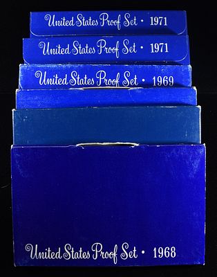 UNITED STATES PROOF SETS (2)1968, (2)1969, (2)1971. LEADERS IN ON-LINE AUCTIONS ESTIMATE $80 - $120.
