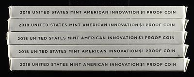 (5) 2018 AMERICAN INNOVATION $1 PROOF COIN. BID WITH SILVER CITY AUCTIONS ESTIMATE $75 - $100.