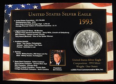 1993 AMERICAN SILVER EAGLE. WEEKLY COIN & CURRENCY AUCTIONS ESTIMATE $100 - $150.