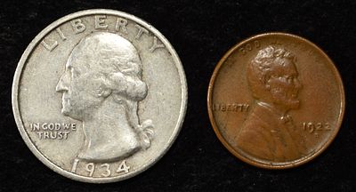 1922-D WHEAT CENT & 1934-D WASHINGTON 25C. BID WITH SILVER CITY AUCTIONS ESTIMATE $90 - $130.