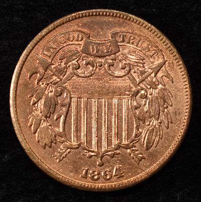 1864 2-CENT PIECE XF/AU. CHECK OUT OUR UPCOMING AUCTIONS ESTIMATE $80 - $120.