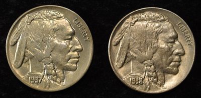 1938-D &1937 BUFFALO NICKEL CH BU. BID WITH SILVER CITY AUCTIONS ESTIMATE $80 - $120.
