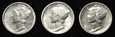 1916, 1917-S & 1920-D MERCURY DIMES. WEEKLY COIN & CURRENCY AUCTIONS ESTIMATE $150 - $200.