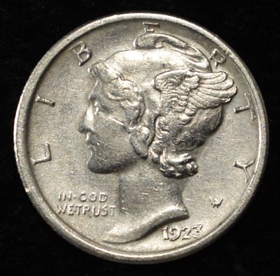 1923-S MERCURY DIME XF. WEEKLY COIN & CURRENCY AUCTIONS ESTIMATE $100 - $150.