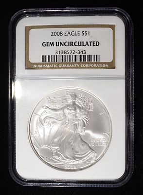 2008 AMERICAN SILVER EAGLE NGC GEM UNC. WEEKLY COIN & CURRENCY AUCTIONS ESTIMATE $110 - $160.
