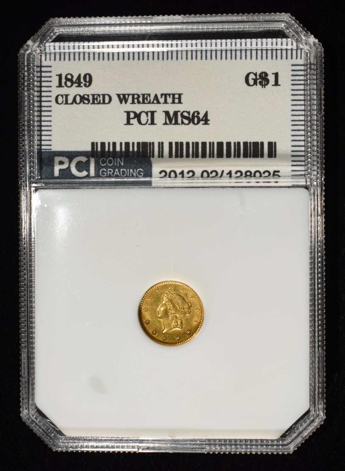1849 $1 GOLD TYPE 1 PCI GEM BU CLOSED WREATH
