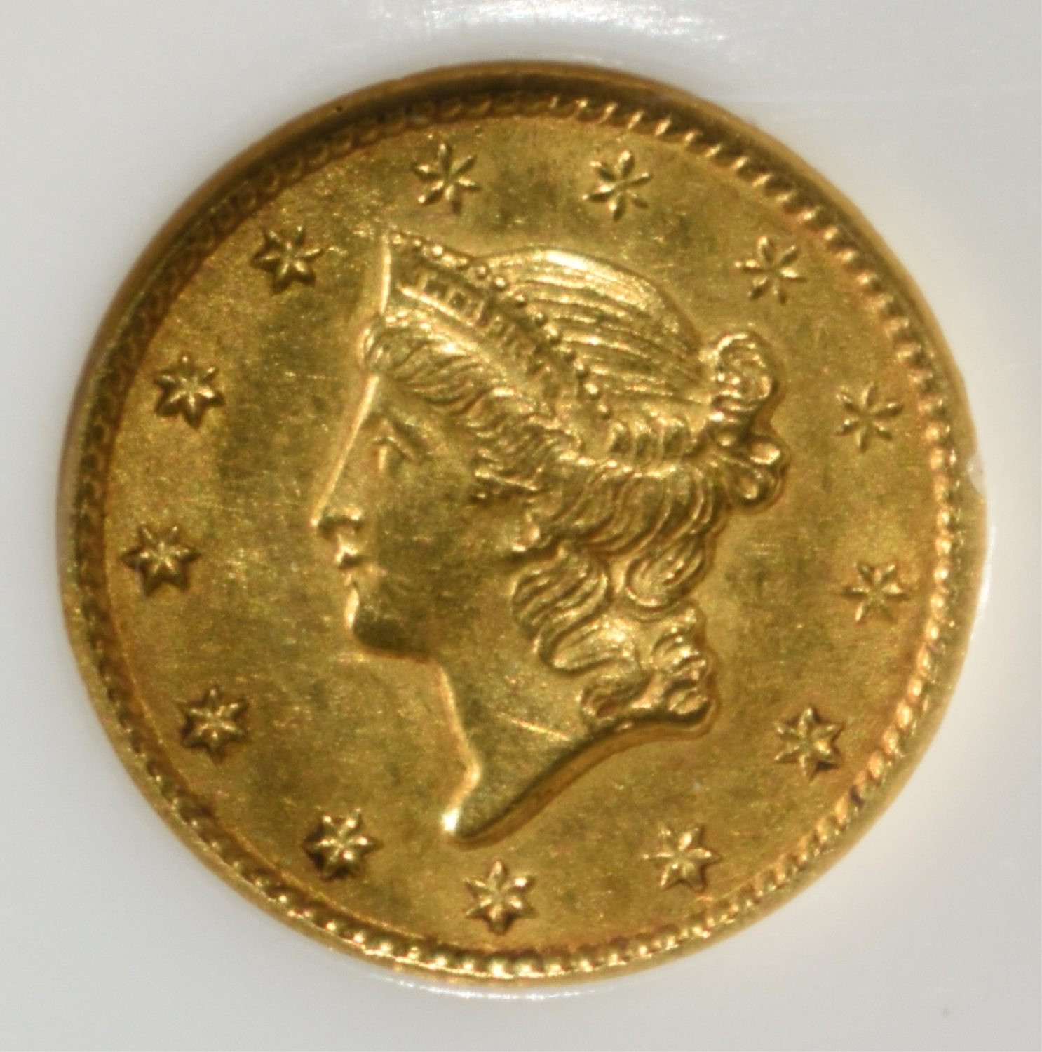1849 $1 GOLD TYPE 1 PCI GEM BU CLOSED WREATH