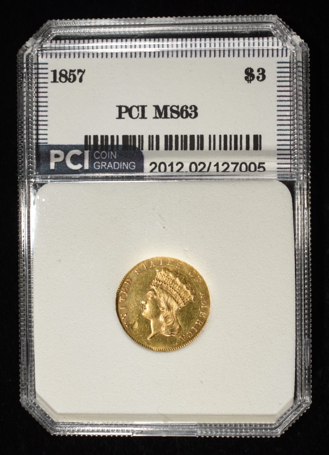1857 $3 GOLD PCI CH BU