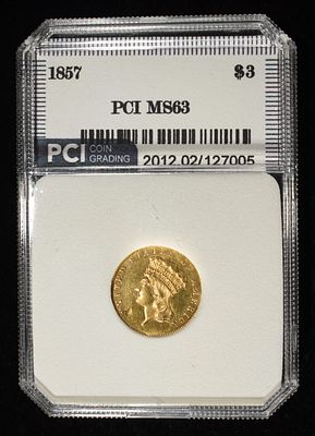 1857 $3 GOLD PCI CH BU. TOP RATED AUCTION HOUSE ESTIMATE $5000 - $5500.