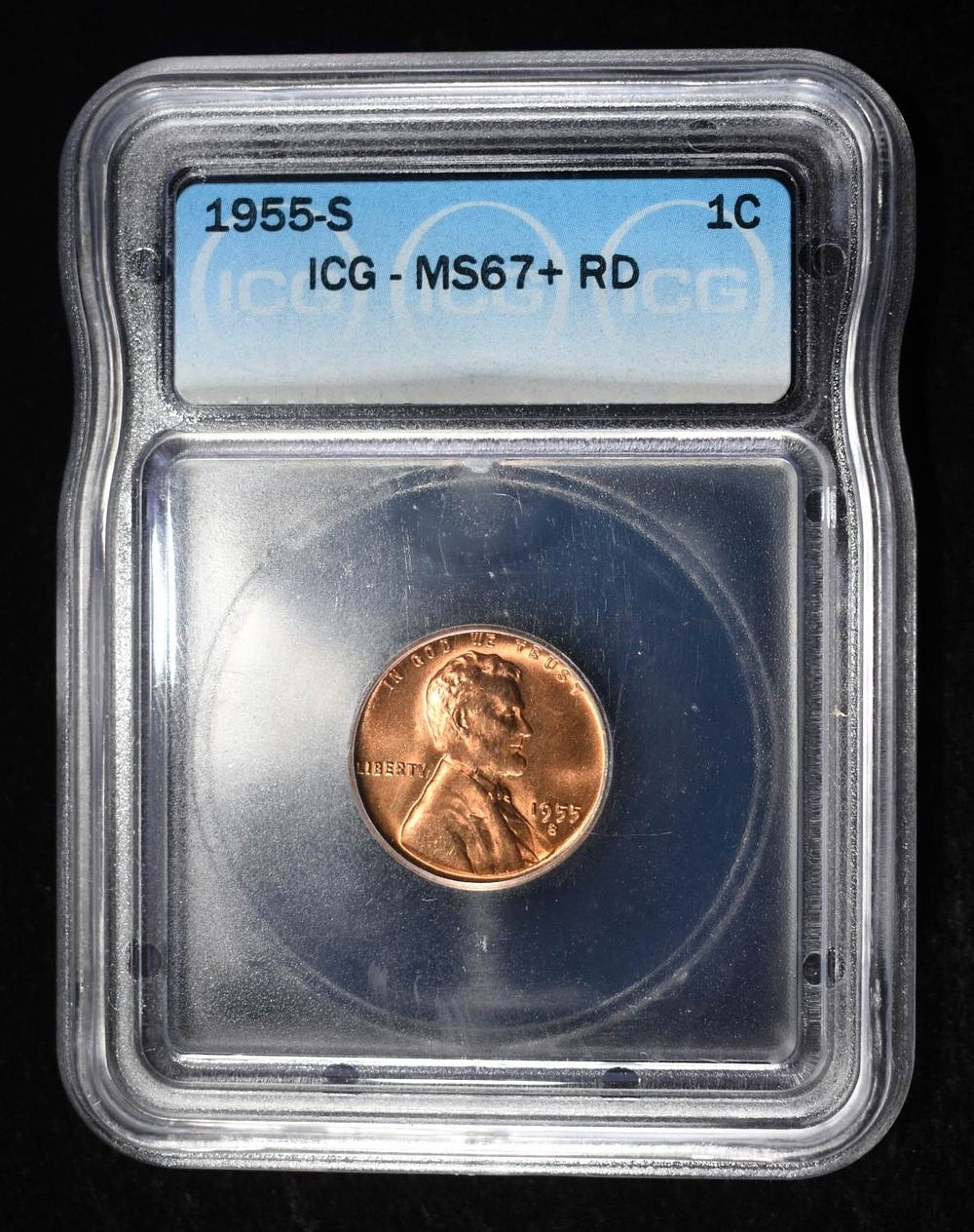 1955-S WHEAT CENT ICG MS67+RD. BID WITH SILVER CITY AUCTIONS ESTIMATE $140 - $190.