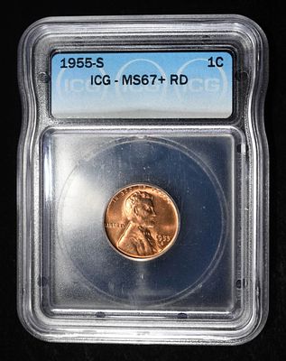 1955-S WHEAT CENT ICG MS67+RD. BID WITH SILVER CITY AUCTIONS ESTIMATE $140 - $190.
