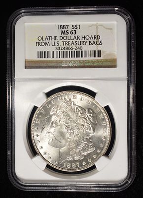 1887 MORGAN DOLLAR NGC MS-63 OLATHE HOARD. CHECK OUT OUR UPCOMING AUCTIONS ESTIMATE $130 - $150.