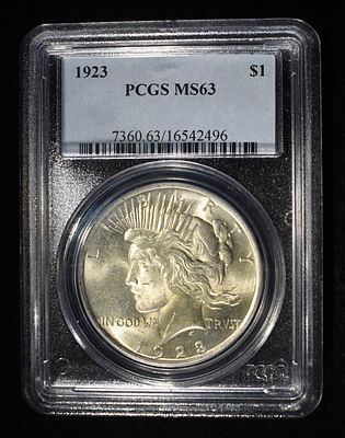 1923 PEACE DOLLAR PCGS MS63. LEADERS IN ON-LINE AUCTIONS ESTIMATE $150 - $200.