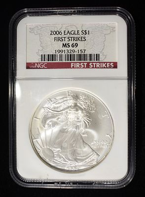 2006 AMERICAN SILVER EAGLE NGC MS69. FIRST STRIKES CHECK OUT OUR UPCOMING AUCTIONS ESTIMATE $120 