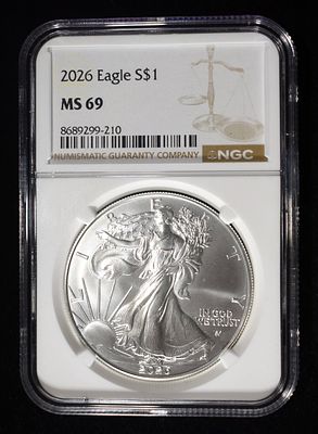 2026 AMERICAN SILVER EAGLE NGC MS69. BID WITH SILVER CITY AUCTIONS ESTIMATE $180 - $230.