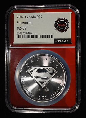 2016 1 OZ SILVER CANADA SUPERMAN NGC MS-69. LEADERS IN ON-LINE AUCTIONS ESTIMATE $150 - $200.