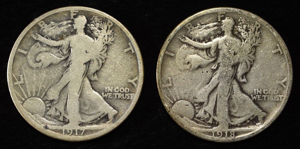 1917-S VG, & 18-S FINE WALKING LIBERTY HALVES. LEADERS IN ON-LINE AUCTIONS ESTIMATE $80 - $100.