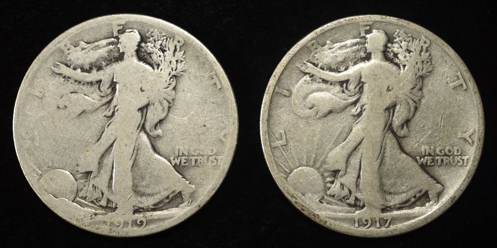 1917-S & 1919-S WALKING LIBERTY HALF DOLLARS. TOP RATED AUCTION HOUSE ESTIMATE $150 - $200.
